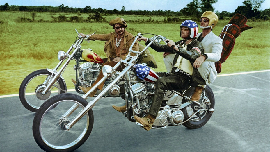 Dennis Hopper, Peter Fonda and Jack Nicholson riding their motorcycles in Easy Rider, a major precursor to the American New Wave.